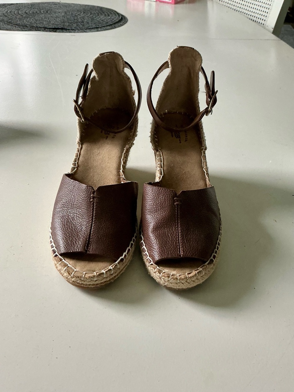 Bass Brown Leather Espadrille Wedge Sandals with Ankle Strap
